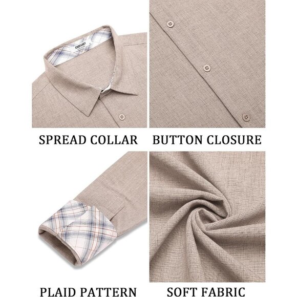 Coofandy Men Khaki Long Sleeve Button Down Untucked Regular Fit Dress Shirt - Picture 6 of 7